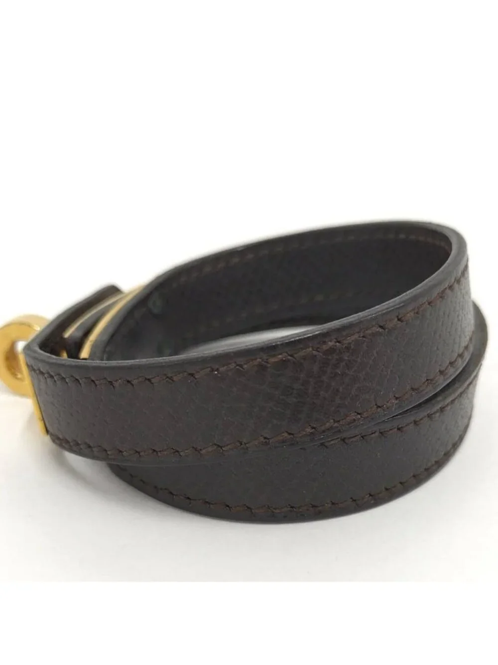 Hermes Tall Double Tour Bracelet Leather Dark Brown Gold Plated